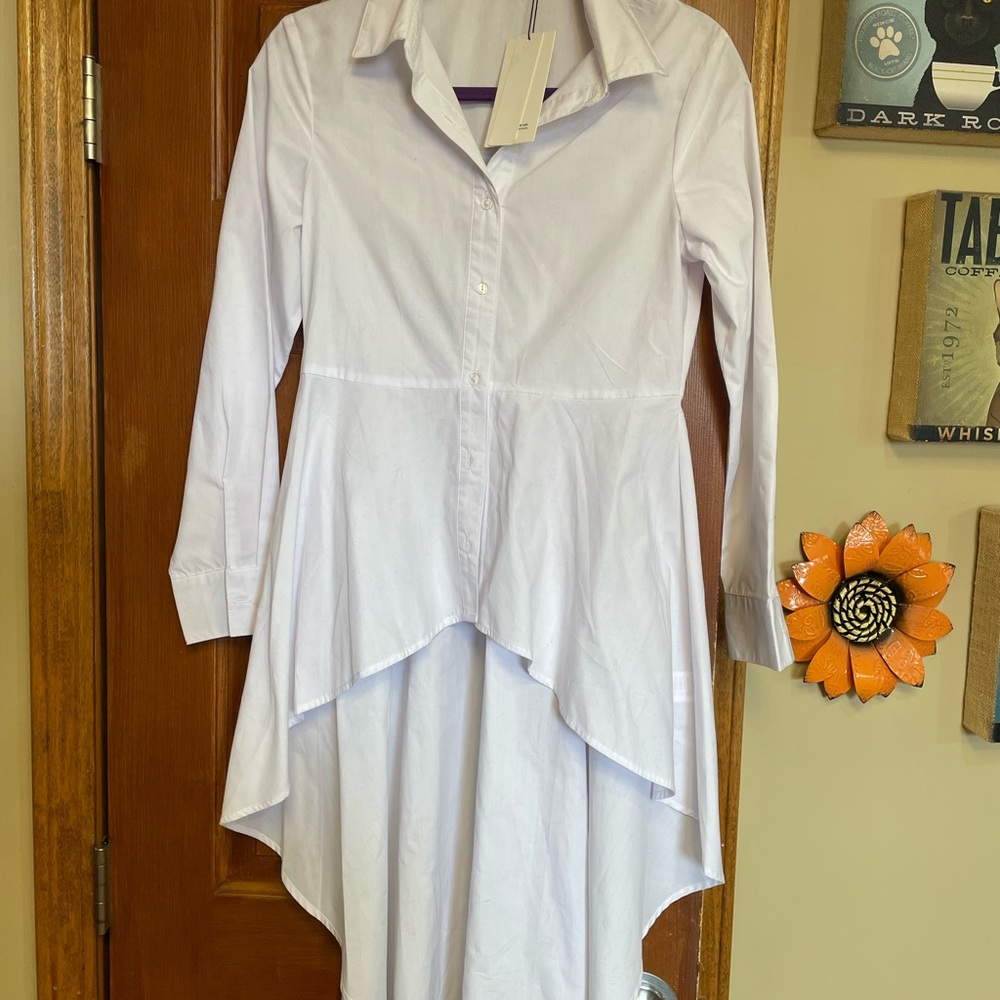 HAODUOYI high low long sleeve button down white blouse. NWT
